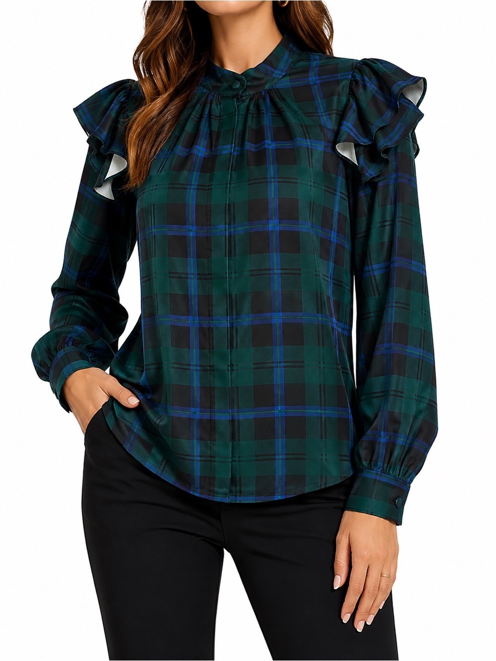 NWT NY&C Green Plaid Ruffle Shoulder Mock Neck Blouse Small